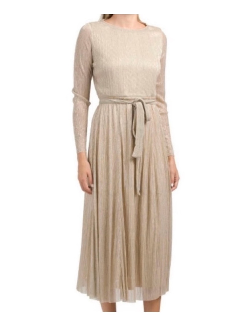 Elegant Long Sleeve Cream Shimmery Pleated Midi Dress Ann Taylor